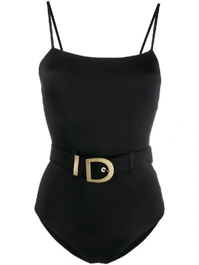 Shop Balmain Belted Swimsuit In Black