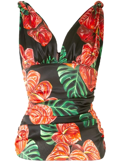 Shop Dolce & Gabbana Tropical Print Silk Ruched Cami Top In Black