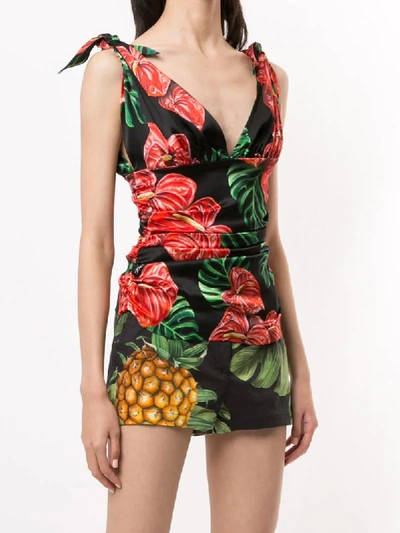 Shop Dolce & Gabbana Tropical Print Silk Ruched Cami Top In Black