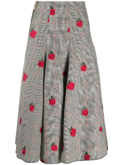 Shop Versace Rose-embroidered Check-pattern Skirt In White