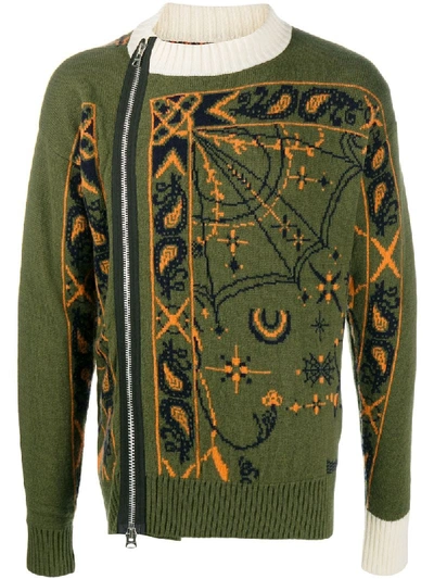 Shop Sacai Zip-detail Abstract Motif Jumper In Green