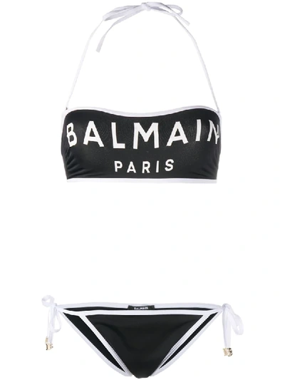 Shop Balmain Logo Print Bikini In Black