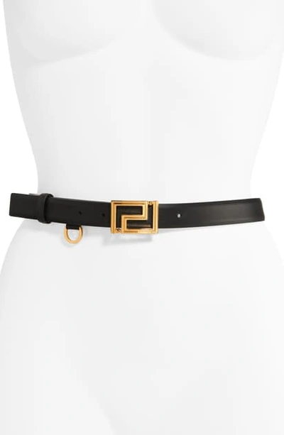 Shop Versace Greca Buckle Leather Belt In Black/ Gold