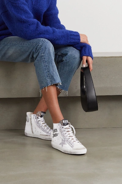 Shop Golden Goose Francy Glittered Distressed Leather And Suede High-top Sneakers In White