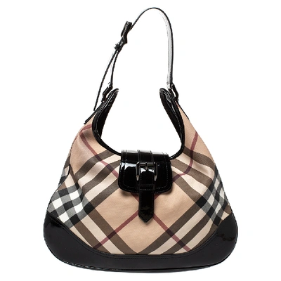 Pre-owned Burberry Black/beige Nova Check Pvc And Patent Leather Brooke Hobo