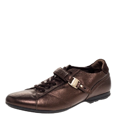 Pre-owned Ferragamo Metallic Bronze Leather Low Top Sneakers Size 44 In Brown