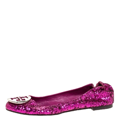 Pre-owned Tory Burch Metallic Pink Coarse Glitter Fabric Minnie Ballet Flats Size 38