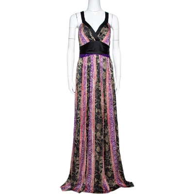 Pre-owned Etro Black Paneled Floral Print Silk Halter Neck Maxi Dress M