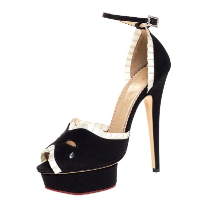 Pre-owned Charlotte Olympia Black/white Satin Masquerade Ankle Strap Platform Sandals Size 39