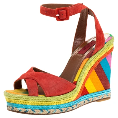 Pre-owned Valentino Garavani Multicolor Suede Leather 1973 Espadrille Wedge Ankle Strap Sandals Size 38.5