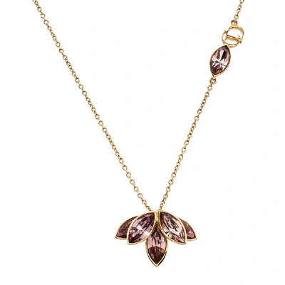 Pre-owned Dior Flower Motif Crystal Gold Tone Necklace