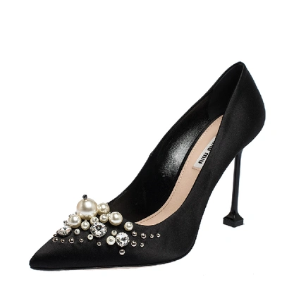 Pre-owned Miu Miu Black Satin Crystal And Pearl Embellished Pointed Toe Pumps Size 41