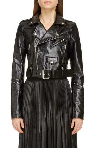 Shop Givenchy Studded Crop Leather Biker Jacket In Black