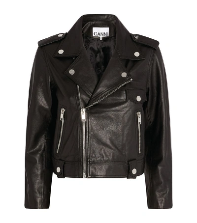 Shop Ganni Cropped Leather Biker Jacket