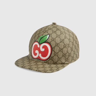 Shop Gucci Canvas Baseball Hat With Gg Apple Print In Beige