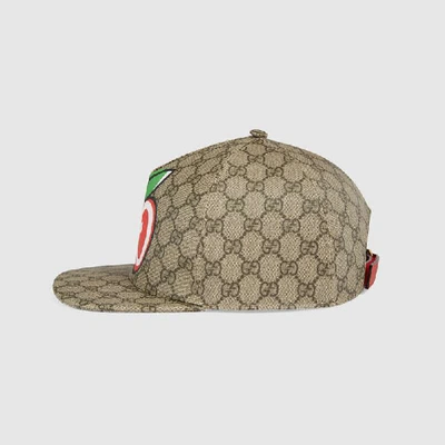 Shop Gucci Canvas Baseball Hat With Gg Apple Print In Beige