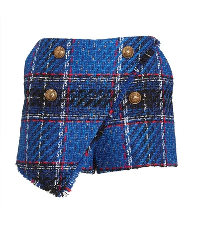 Shop Balmain Asymmetrical Tartan Tweed Shorts In Blue-med