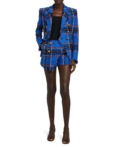 Shop Balmain Asymmetrical Tartan Tweed Shorts In Blue-med