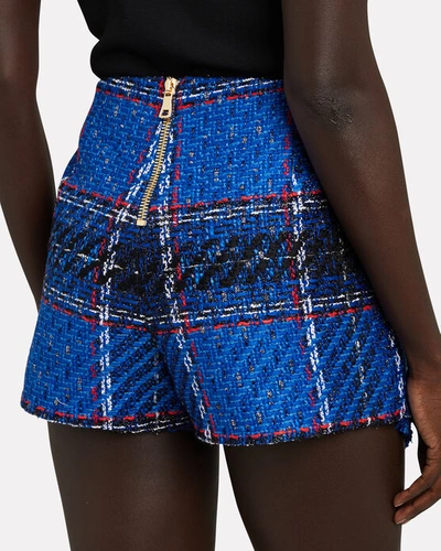 Shop Balmain Asymmetrical Tartan Tweed Shorts In Blue-med