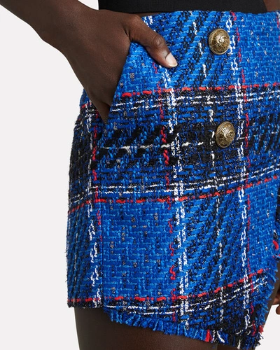 Shop Balmain Asymmetrical Tartan Tweed Shorts In Blue-med