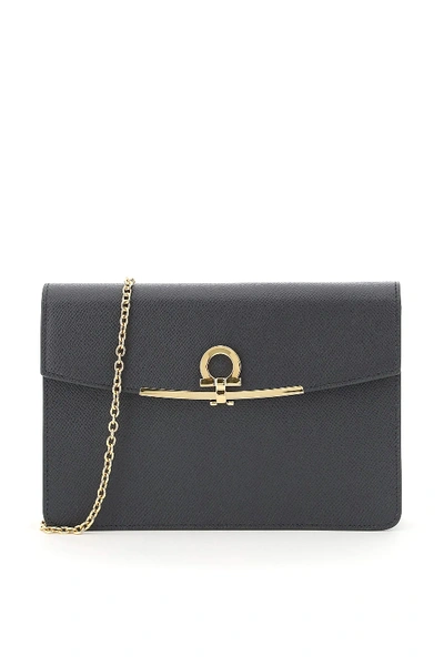 Shop Ferragamo Gancini Clutch With Chain Strap In Grey