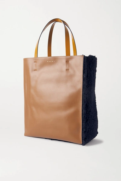 Shop Marni Museo Shearling And Leather Tote In Navy