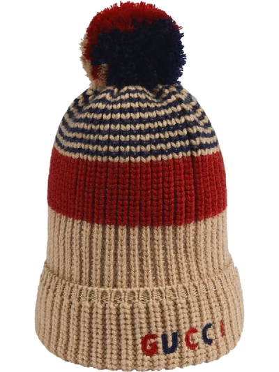 Shop Gucci Horizontal-stripe Pompom Beanie In Neutrals