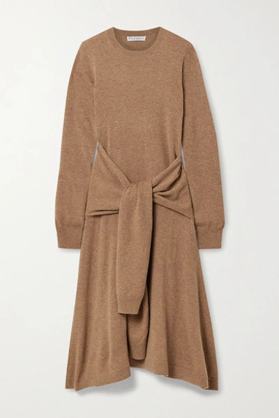 Shop Jw Anderson Tie-front Wool Midi Dress In Light Brown