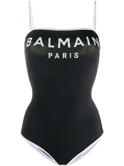 Shop Balmain Logo Swimsuit In Black