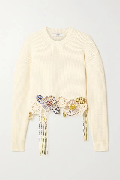 Shop Area Cropped Crystal-embellished Ribbed Cotton-blend Sweater In Ivory