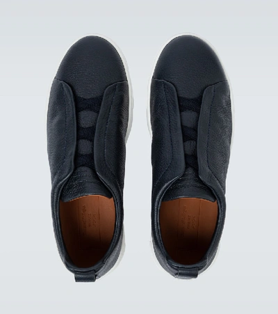 Ermenegildo Zegna Leather Sneakers With Concealed Laces In Blue