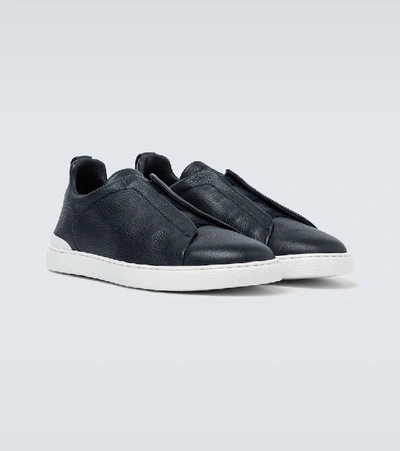 Ermenegildo Zegna Leather Sneakers With Concealed Laces In Blue