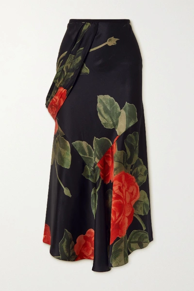 Shop Simone Rocha Draped Floral-print Silk-satin Midi Skirt In Black