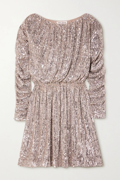 Shop Saint Laurent Ruched Sequined Tulle Mini Dress In Silver
