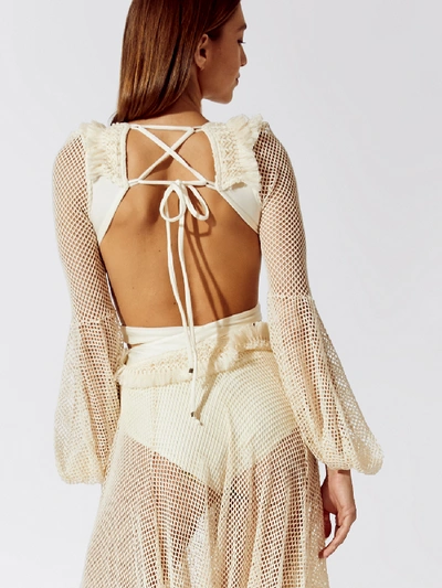 Shop Patbo Long Sleeve Fringe Beach Dress In Ivory