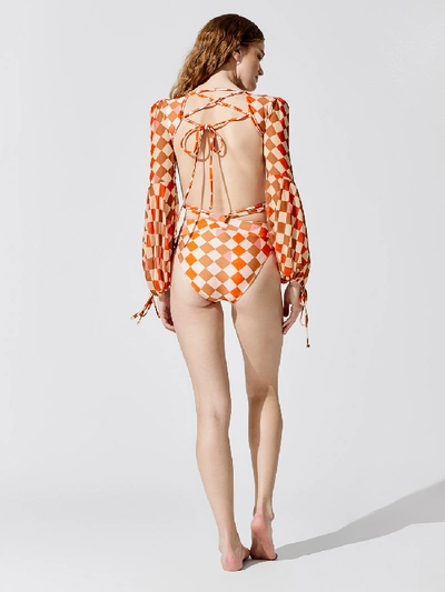 Shop Patbo Check Long Sleeve Swimsuit In Orange Multi