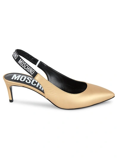 Shop Moschino Logo Leather Slingback Pumps In Gold