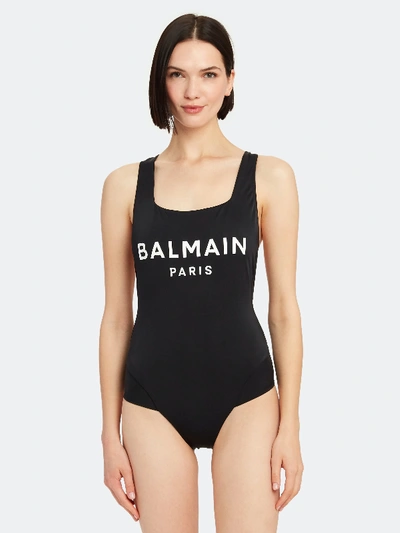 Shop Balmain Logo High Leg One Piece Swimsuit In Black