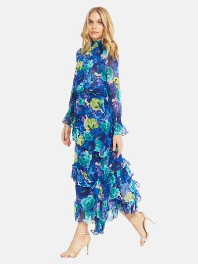 Shop Misa Rania Chiffon Smock Neck Asymmetrical Midi Dress In Blue