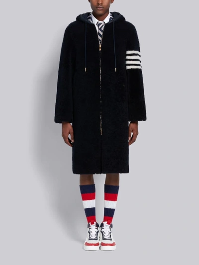 Shop Thom Browne Navy Dyed Shearling 4-bar Hooded Zip-up Swim Parka In Blue