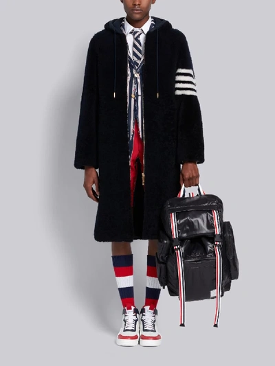 Shop Thom Browne Navy Dyed Shearling 4-bar Hooded Zip-up Swim Parka In Blue