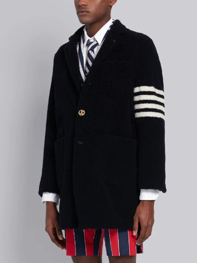 Shop Thom Browne Navy Lightweight Shearling Unconstructed Sack 4-bar Overcoat In Blue