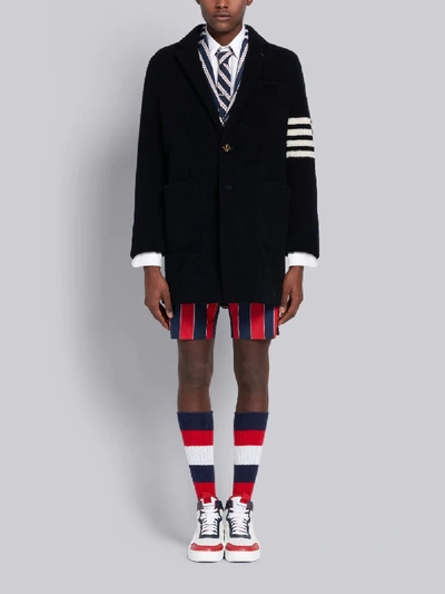 Shop Thom Browne Navy Lightweight Shearling Unconstructed Sack 4-bar Overcoat In Blue