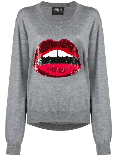 Shop Markus Lupfer Sequin Lips Embroidered Fine Knit Jumper In Grey