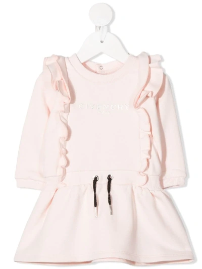 Shop Givenchy Metallic Logo Print Ruffle Detail Dress In Pink