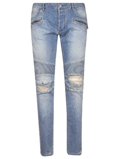 Shop Balmain Zipped Pocket Distressed Jeans In Blue