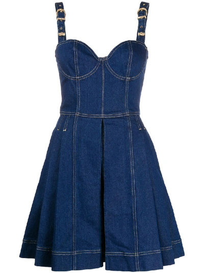 Shop Versace Jeans Couture Pleated Denim Mini Dress In Blue
