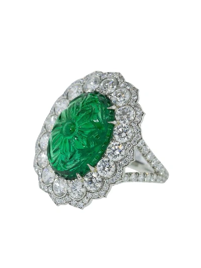 Shop Bayco Platinum Carved Emerald And Diamond Ring In Green