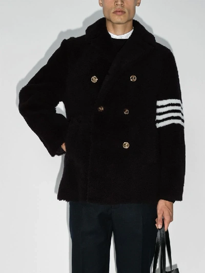 Shop Thom Browne 4-bar Detail Peacoat In Blue