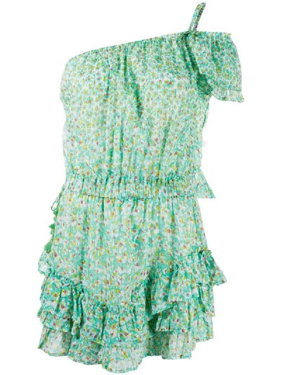 Shop Poupette St Barth Floral Print Cold Shoulder Ruffle Dress In Green